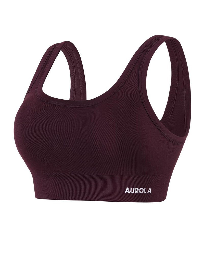 AUROLA Power Sports Bras for Women - Push Up Workout Bra Square Neck Yoga Padded Low Impact Gym Bra Crop Top,Black Cherry,M