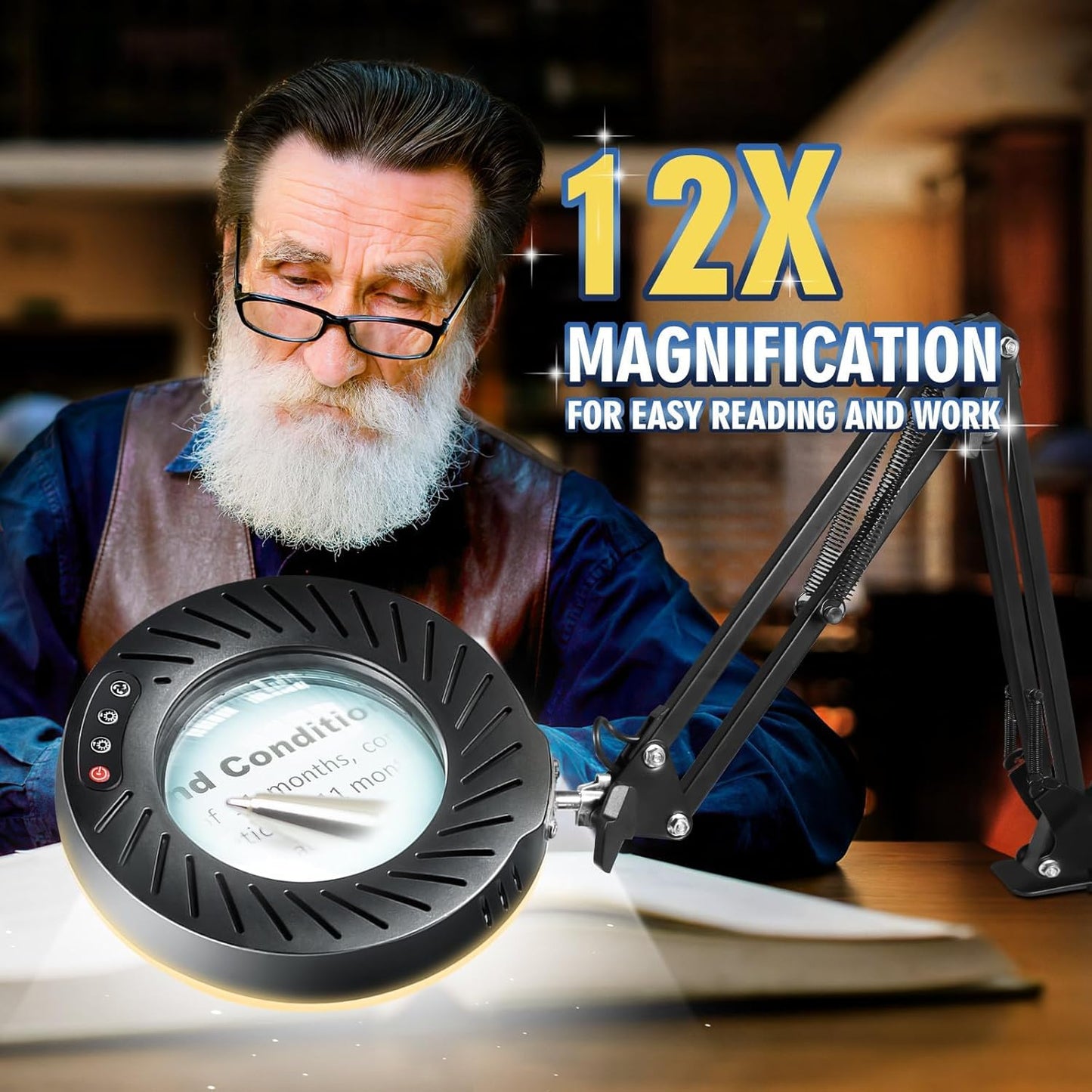 12X LED Magnifying Glass Lamp with Stand - 144 Brightest LEDs, 10 Dimmable Levels, 5 Color Modes for Hands-Free Crafting & Reading