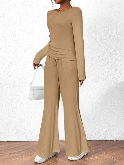 BeautyNee 2-Piece Matching Sweatsuit Set - Women's Casual Lounge Outfit with Wide Leg Pants & Crop Top in Khaki