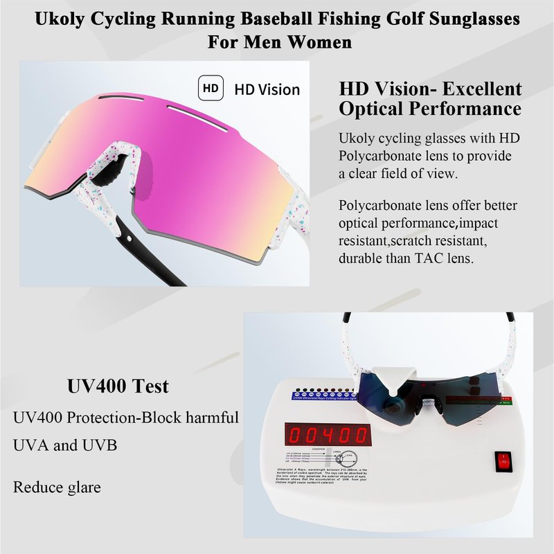 Ukoly Cycling Sunglasses with Interchangeable Nose Pad Men Women,Sports Sunglasses,Fishing Baseball Glasses