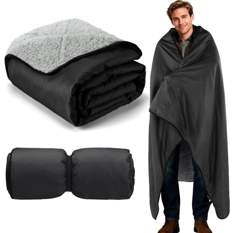 Waterproof Outdoor Stadium Blanket with Sherpa Lining-Washable Windproof Warm Foldable for Camping, Sporting Events, Picnic, Concert, Pet, Travel, Emergency Car Blanket, Gift for Cold Weather (Black)