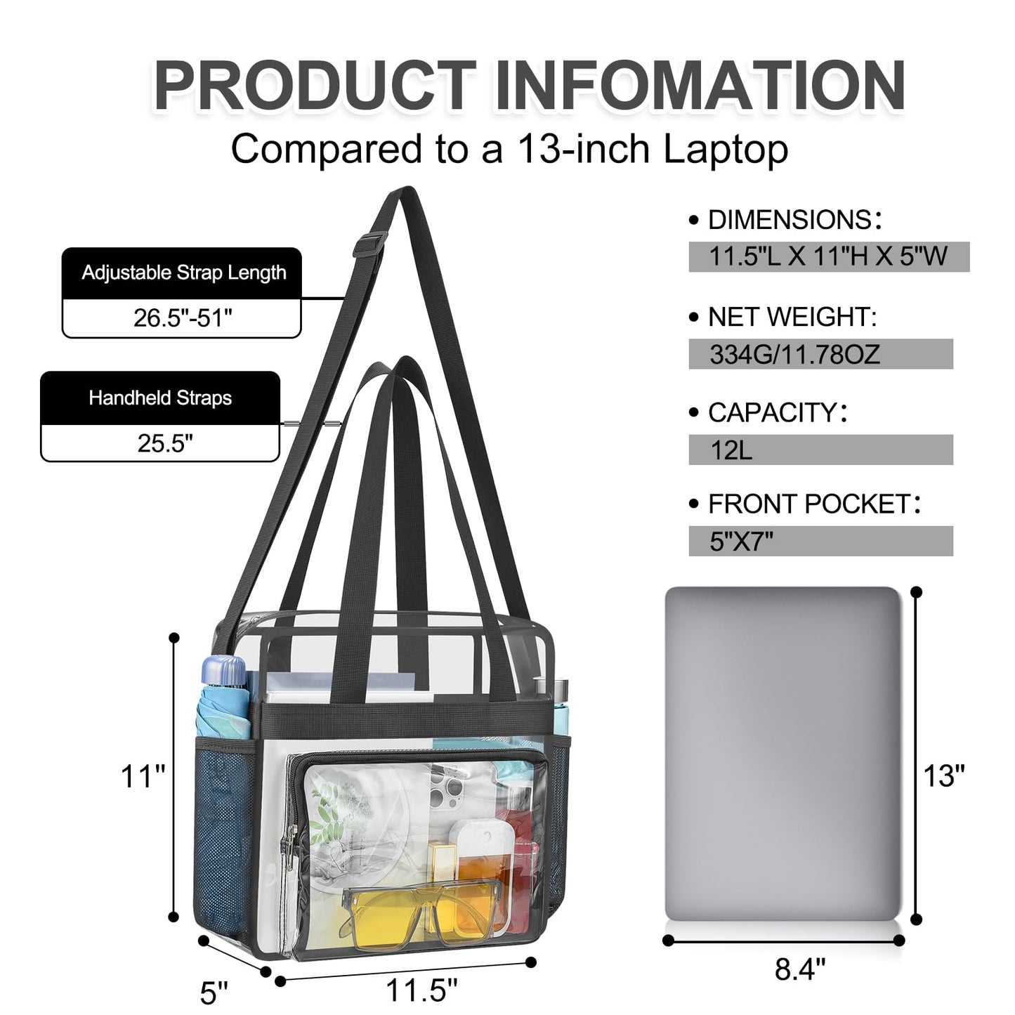 USPECLARE Clear Bag for Stadium Events, 12x6x12 Transparent Stadium Messenger Bag for Concerts, Work, Sports Games, Gym