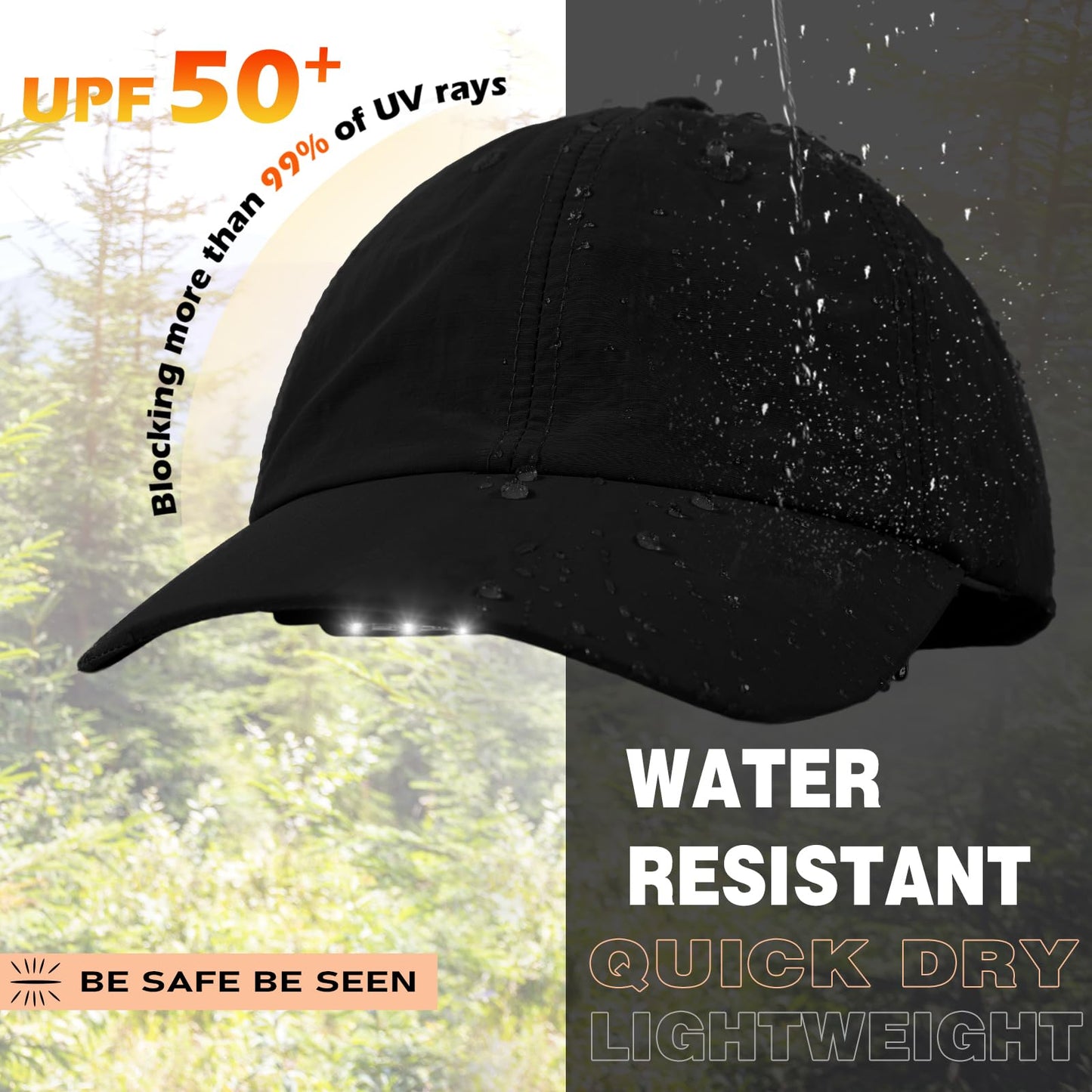 Hands Free Rechargeable LED Baseball Cap with Light Built-in Unisex Sport Waterproof Hat for Men Dad Husband Outdoor Black