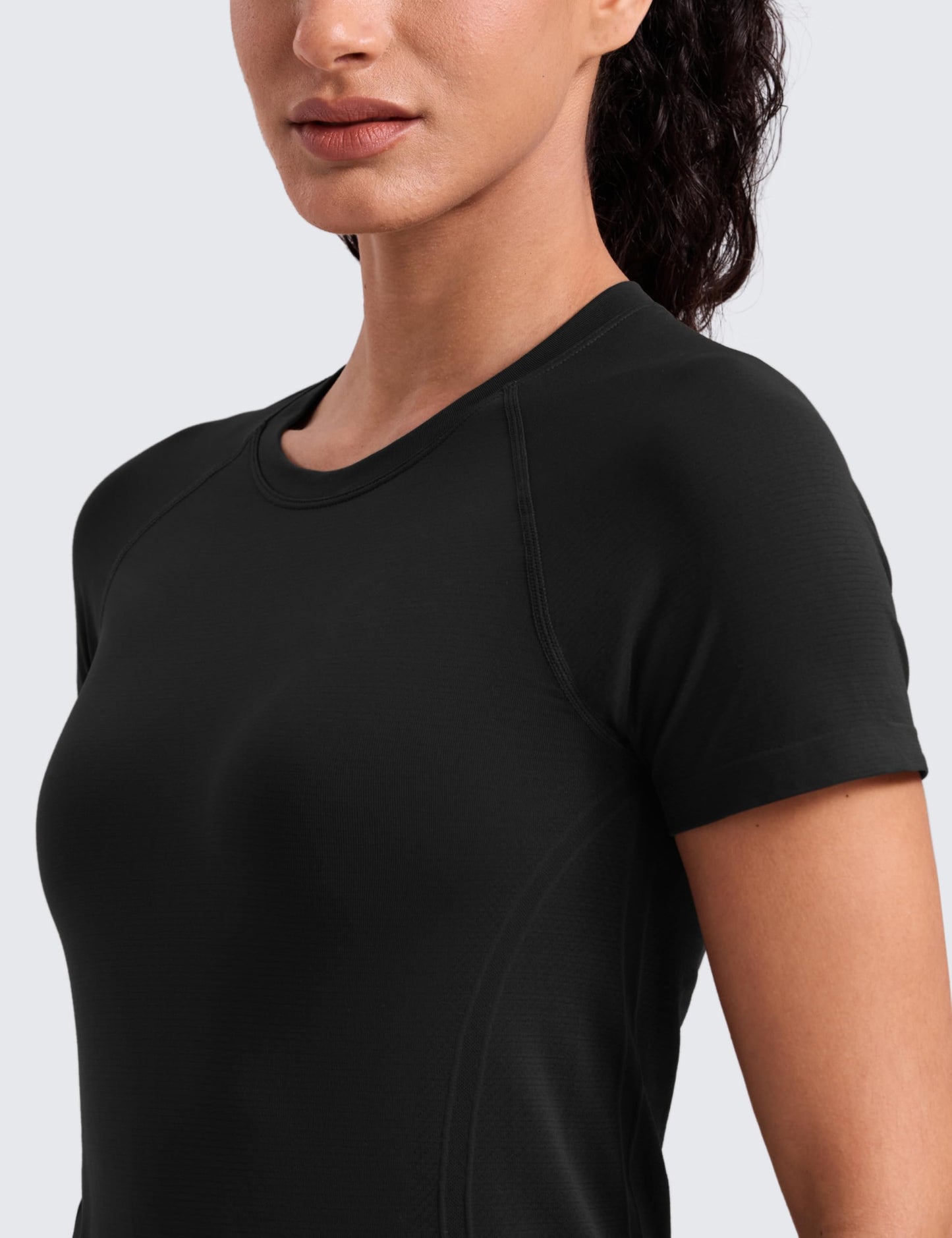 CRZ YOGA Seamless Workout Tops for Women Hip Length - Athletic Running Gym Yoga Short Sleeve Shirts Breathable Crewneck Tees Hibiscus Purple Medium