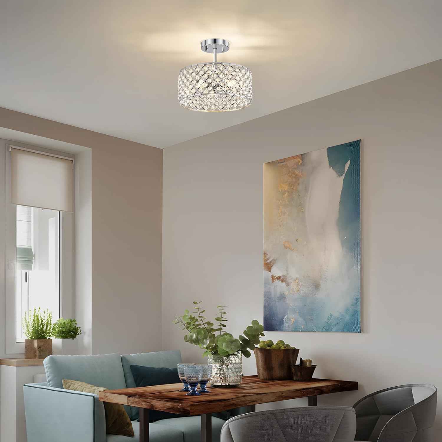Modern Black Crystal Semi Flush Mount Ceiling Light Fixture - 11.2" Round Chandelier for Dining Room, Hallway, Kitchen & Bedroom