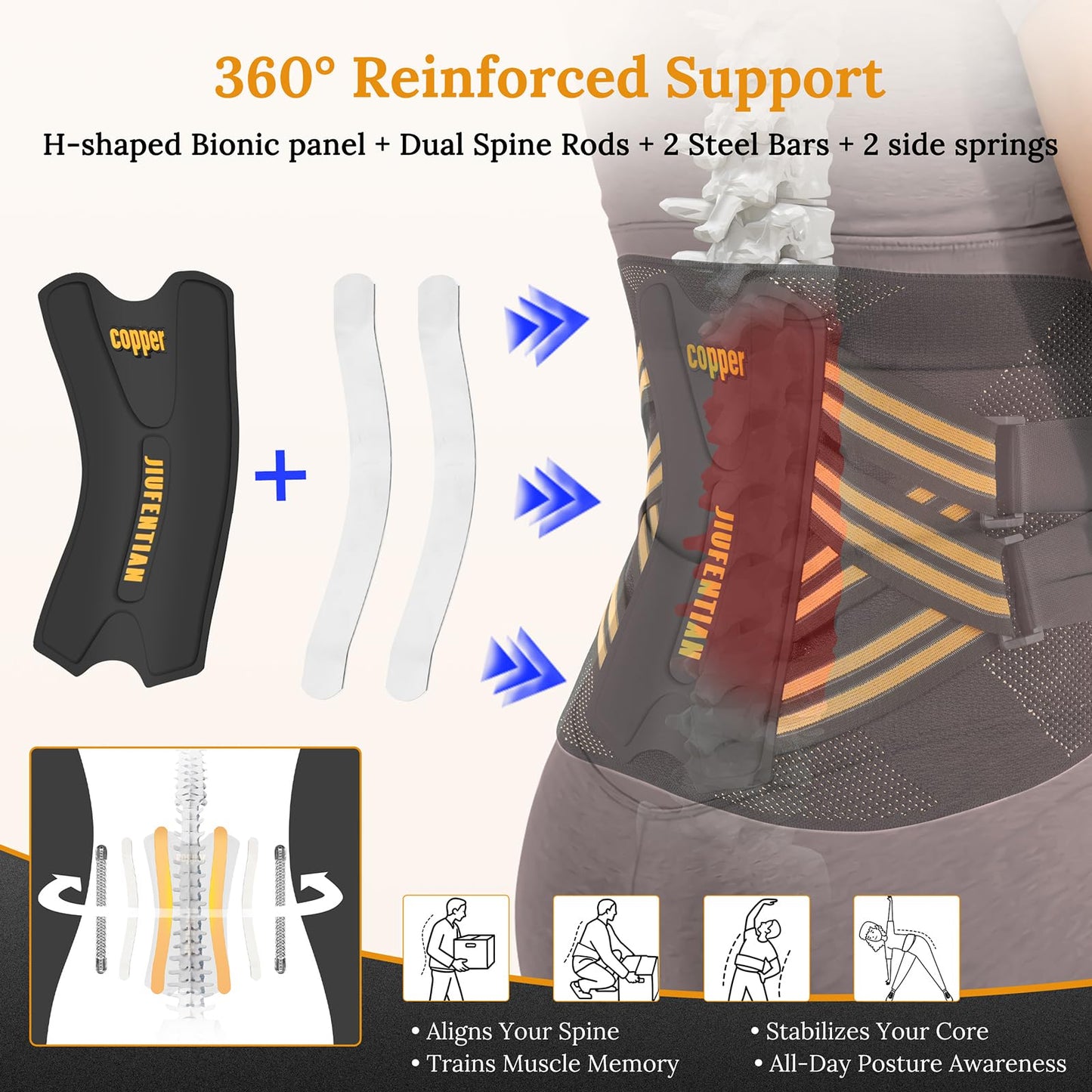 JIUFENTIAN Copper Lower Back Brace with Removable Dual Spine Rods & Therapy Pocket-Ultra Breathable for lower back pain Relief & Work Support(X-Large)