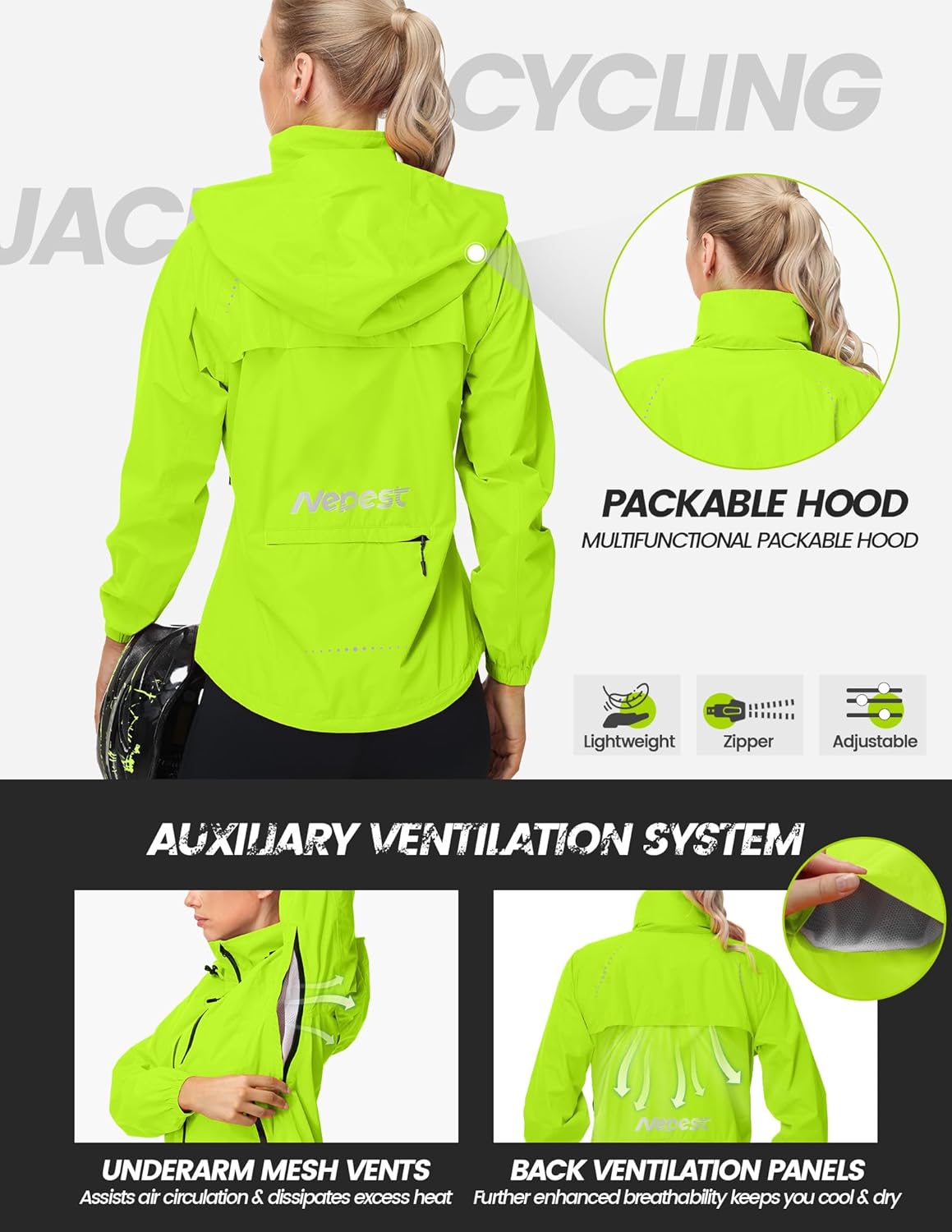 Nepest Women's Cycling Rain Jacket - Lightweight Waterproof Windbreaker with UPF 50+ Protection | Packable & Reflective