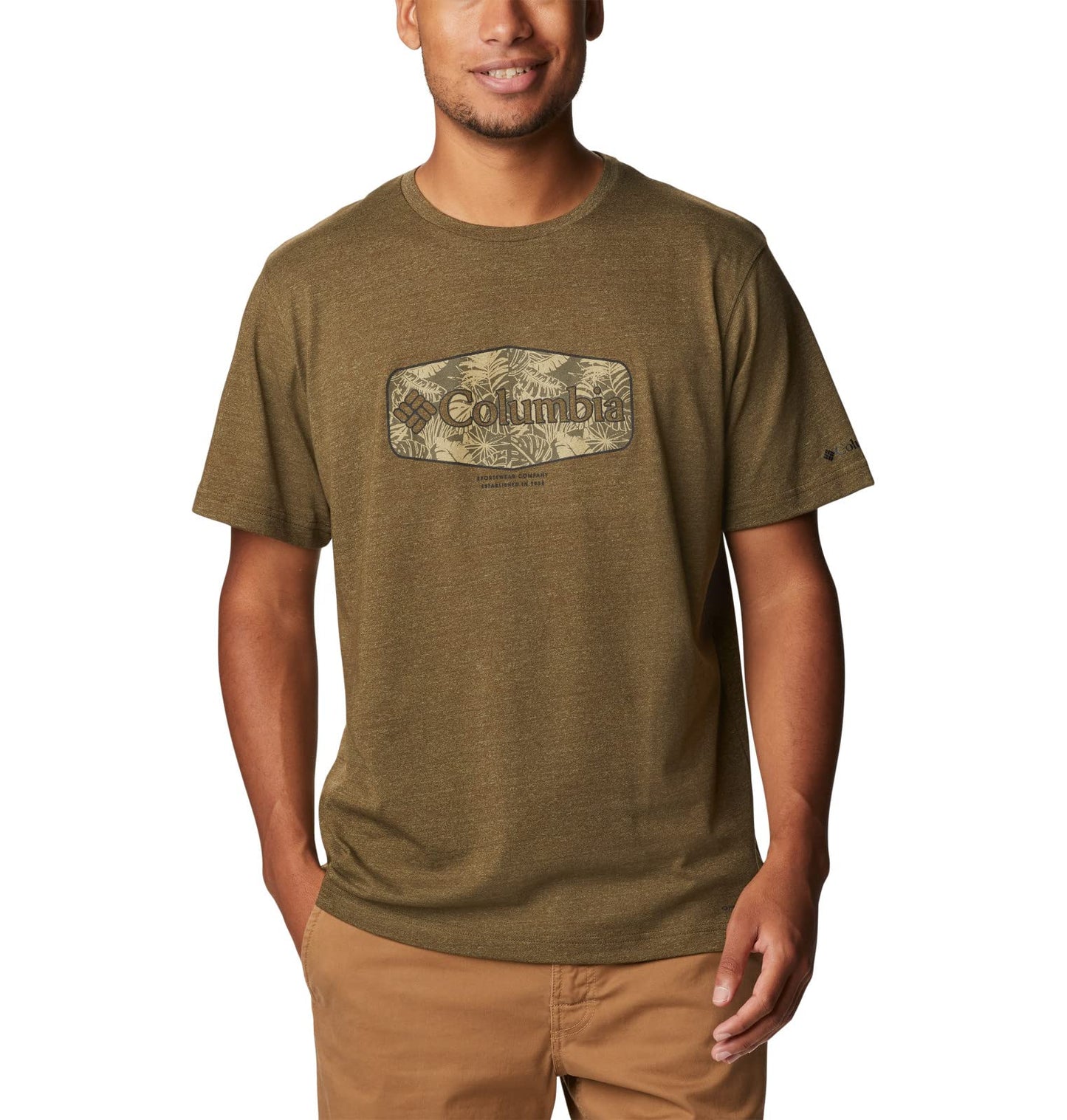 Columbia Men's Thistletown Hills Graphic Short Sleeve, Olive Green Heather/Wanderland Graphic, 4X Tall