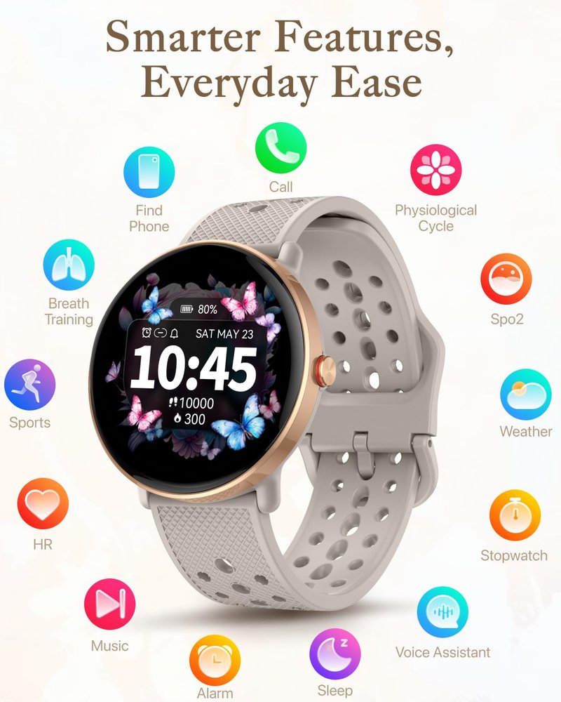 TitanSync Smart Watch for Women Men, for Android iOS with Sleep & Calorie Monitor, Pedometer Fitness Tracker, Bluetooth Call, IP68 Waterproof, 112+ Sport Modes Round Face Smartwatch (Gold-Gray)