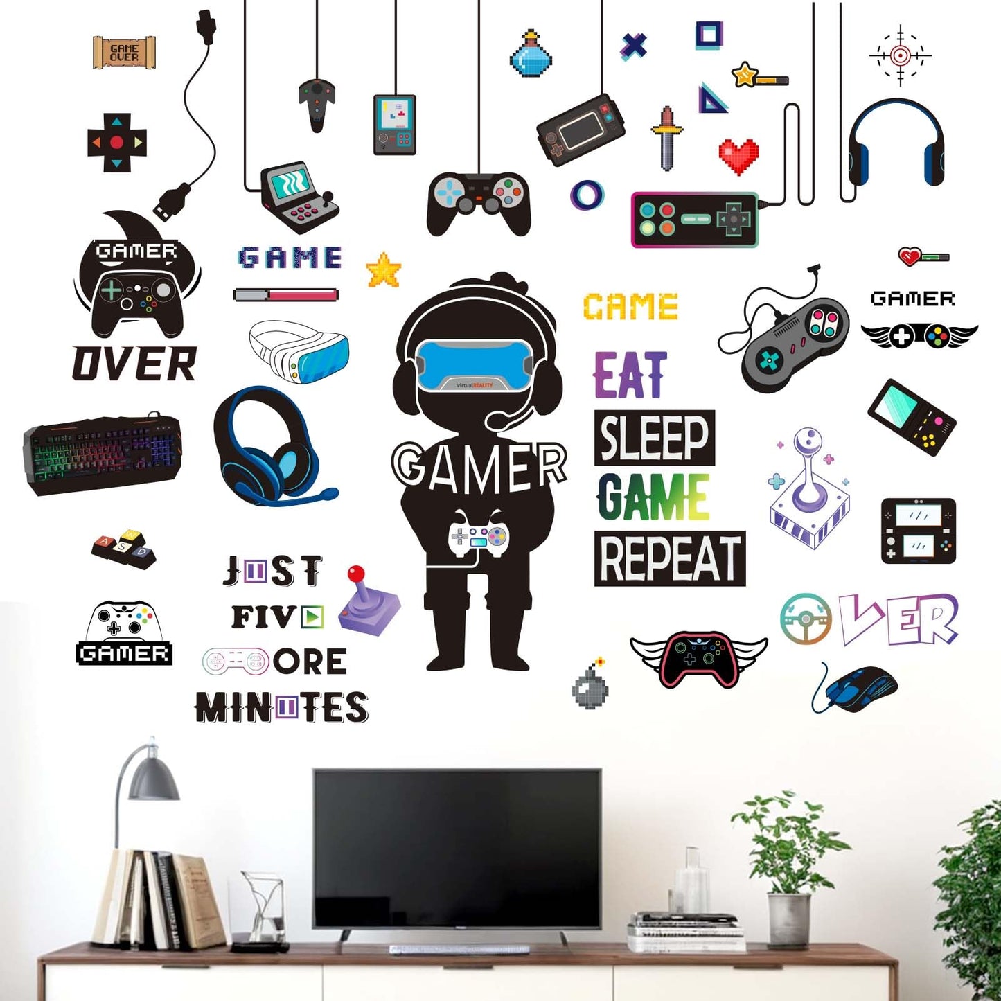 Amimagen Gamer Wall Stickers - Controller Eat Sleep Games Joystick Video Gaming Wall Decals - Boys Bedroom Playroom Baby Kids Room Wall Decor