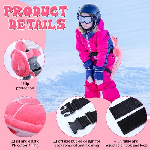 Shappy Turtle Butt Pads for Snowboarding 28 Inch Cute Waterproof Hip Butt Pad Turtle Protective Gear for Skiing Padded Skating Pads Hip Protection for Kids Adults(Pink)