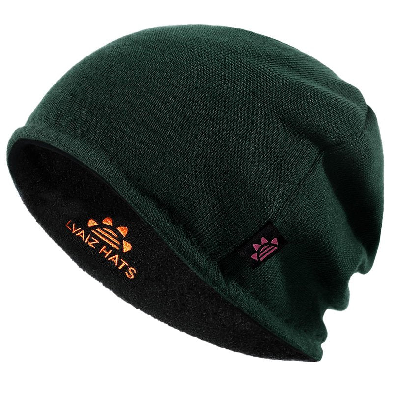 Lvaiz Winter Fleece Lined Knitted Beanie Hats for Men Reversible Windproof Watch Hat Warm Skull Cap for Women(Dark Green+Black)
