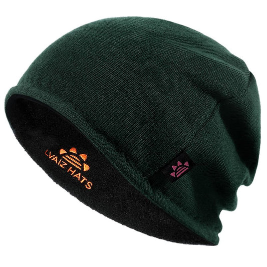 Lvaiz Winter Fleece Lined Knitted Beanie Hats for Men Reversible Windproof Watch Hat Warm Skull Cap for Women(Dark Green+Black)