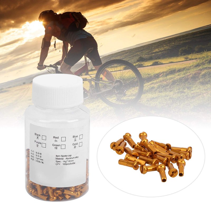 Spoke Cover Nipple, 54g Sturdy Durable 14x6mm Aluminum Alloy Bicycle Spoke Cap, 100Pcs Resistance Rust Proof for Cycling Accessory Bike Spokes (Gold)