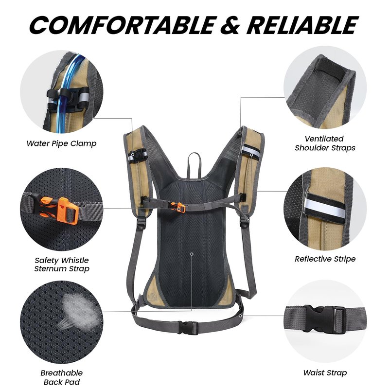 Nepest Hydration Pack Backpack with 2L Water Bladder, Lightweight Water Backpack for Hiking, Running, Biking, Khaki