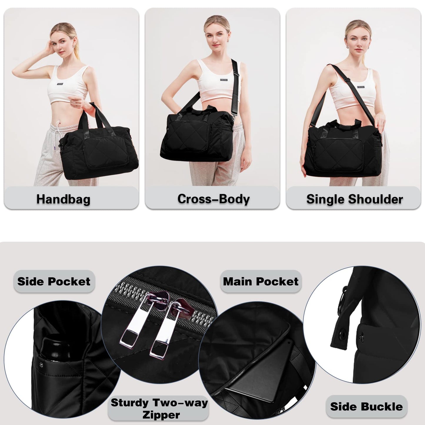 Sports Duffle Gym Bag for Women, Men- Lightweight Carry on Weekender Duffel Bag for Travel, Sports, Gym, Yoga - Water Resistant, Black