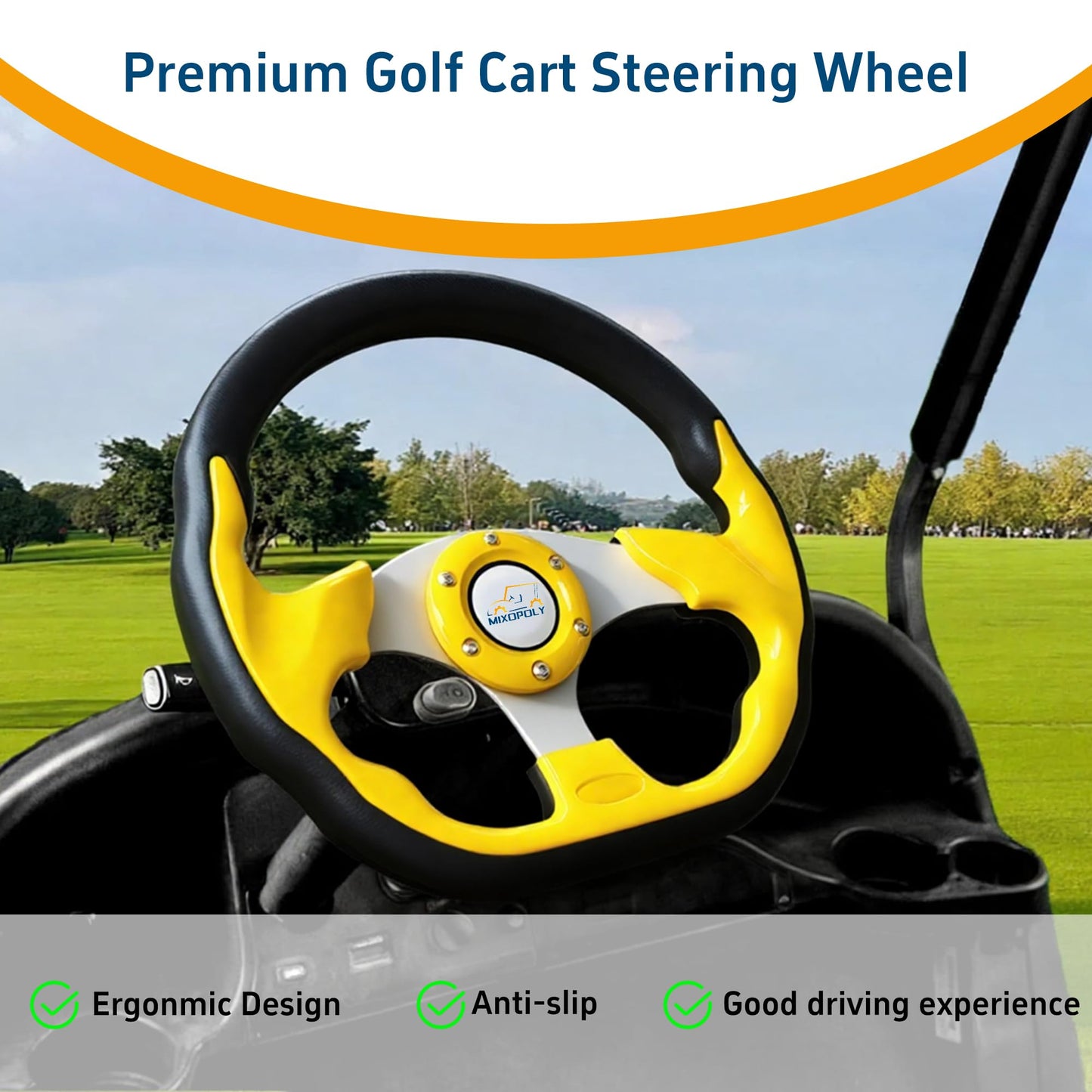 Mixopoly 12.5" Universal Golf Cart Steering Wheel fits Club Car DS/Precedent/Onward/Tempo, Yamaha, and EZGO TXT/RXV Golf Cart, Anti-Slip and Good Grip (D-Shape, Yellow)