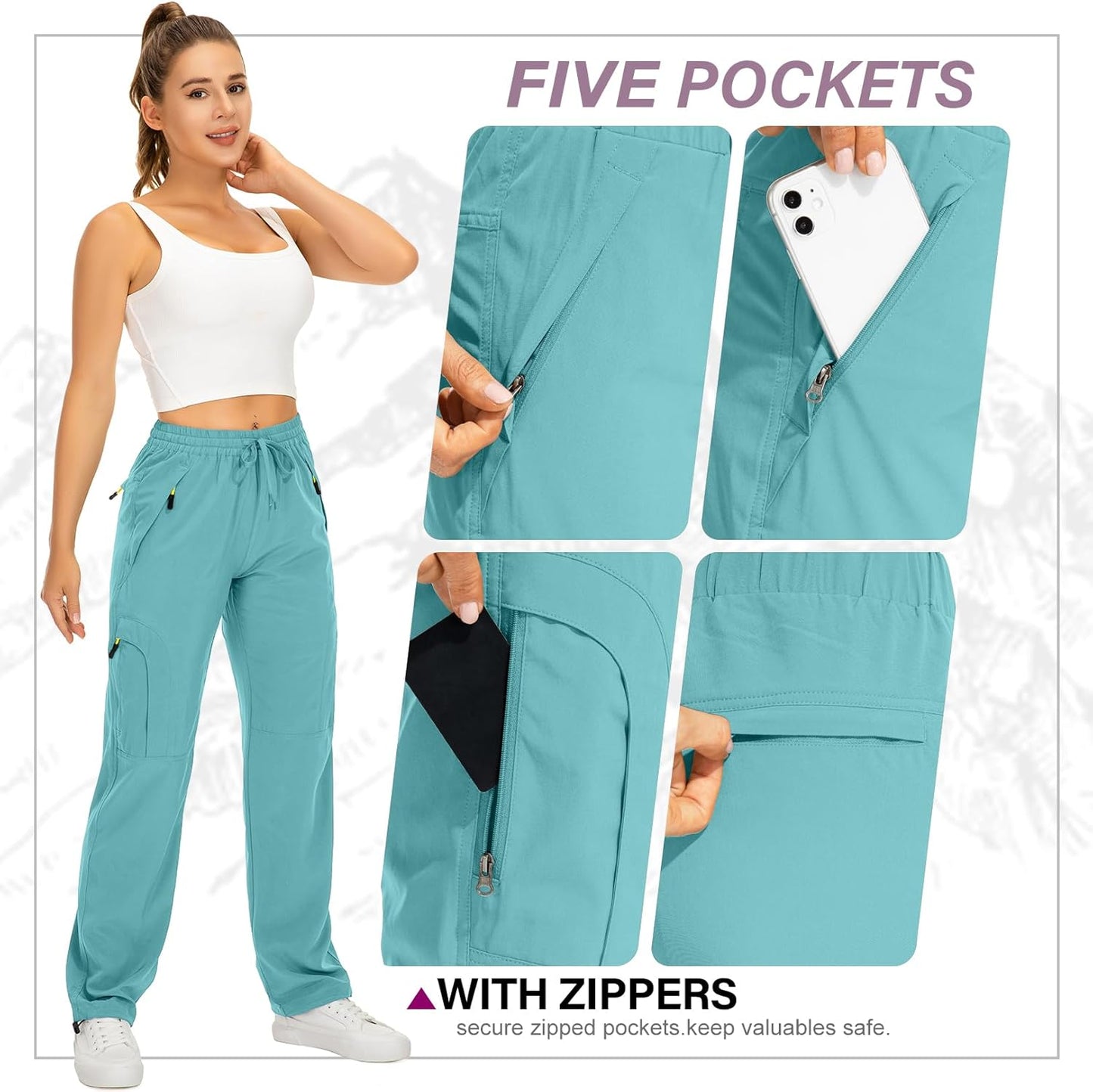 Skiennix Women's Hiking Pants - Quick Dry, Lightweight UPF 50 Travel & Golf Cargo Pants with Zipper Pockets