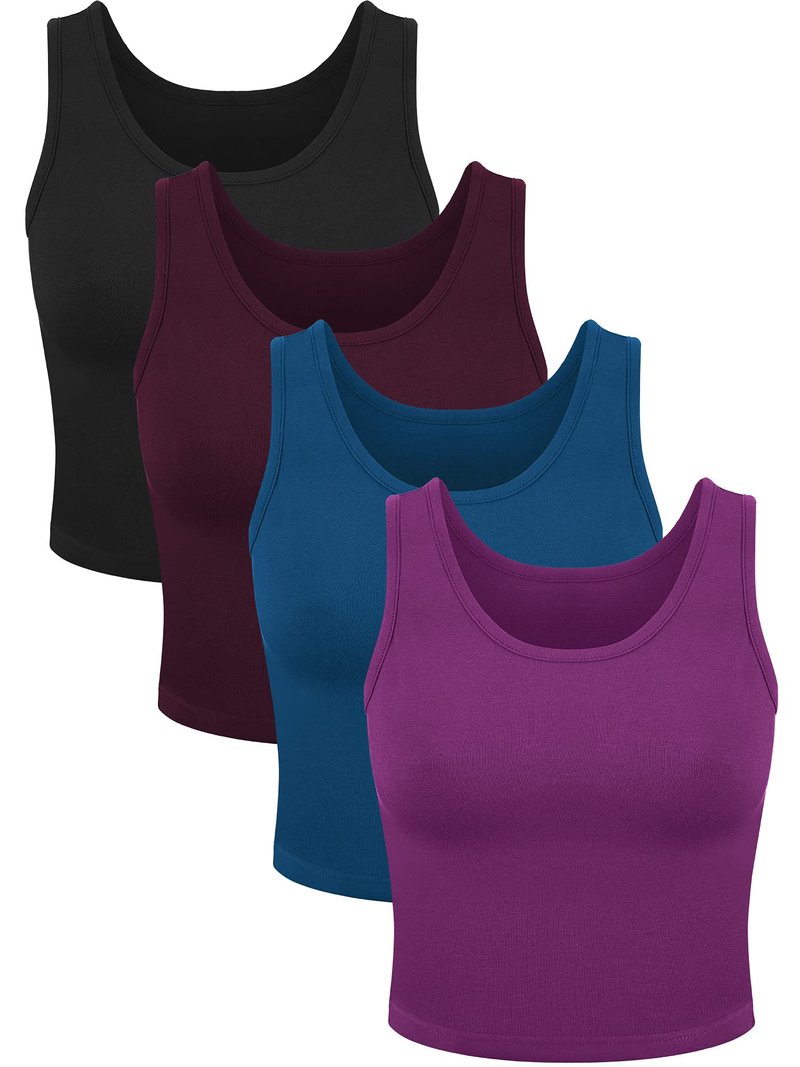 4 Pieces Women Basic Crop Tank Top Short Sleeveless Sports Crop Top (Purple, Black, Royal Blue, Dark Red, Medium)