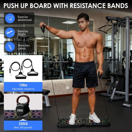 Push Up Board with Counter/Timer, Foldable Push Up Bar with Resistance Bands, Multi-function Home Workout Equipment Push-Up Stand with Handles for Fitness Burn Fat Chest Strength Training