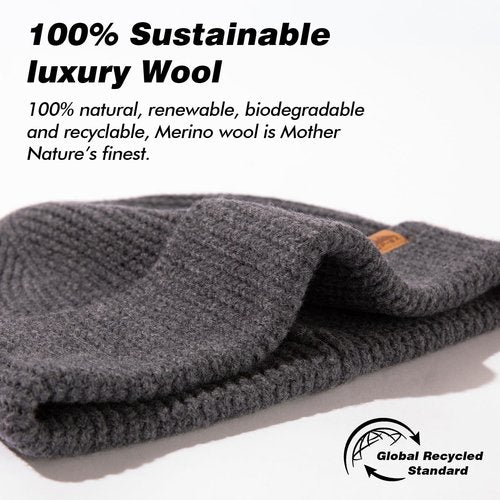 TOP-EX 100% Merino Wool Beanie Warm Winter Hat for Men & Women – Stretchy Thermal Knit Cap for Hiking Golf Running Travel Outdoor Grey L/XL