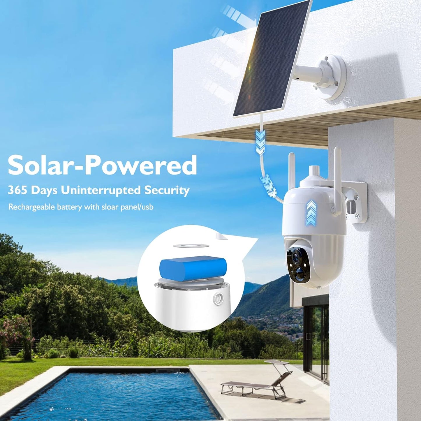 Wireless Solar Security Camera 2K 3MP PTZ - 355° View, Color Night Vision, IP65 Waterproof
