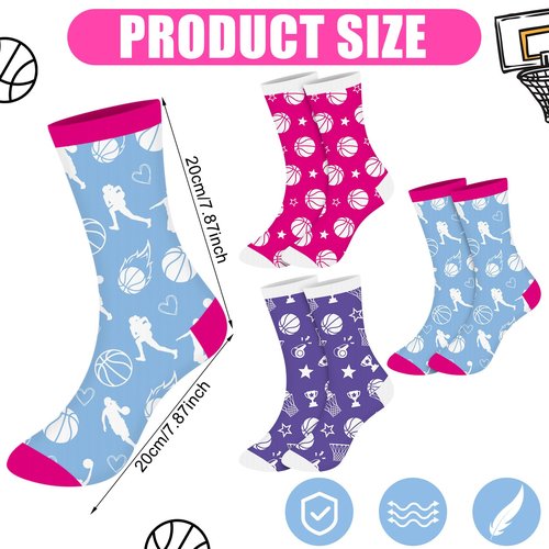 Maiteenly 6 Pairs 6 Pairs Girls Basketball Socks Youth Sport Crew Socks Gifts Bulk for Sport Lover Athletic Women Running Players (7.87 x 7.87 Inches,Basketball)