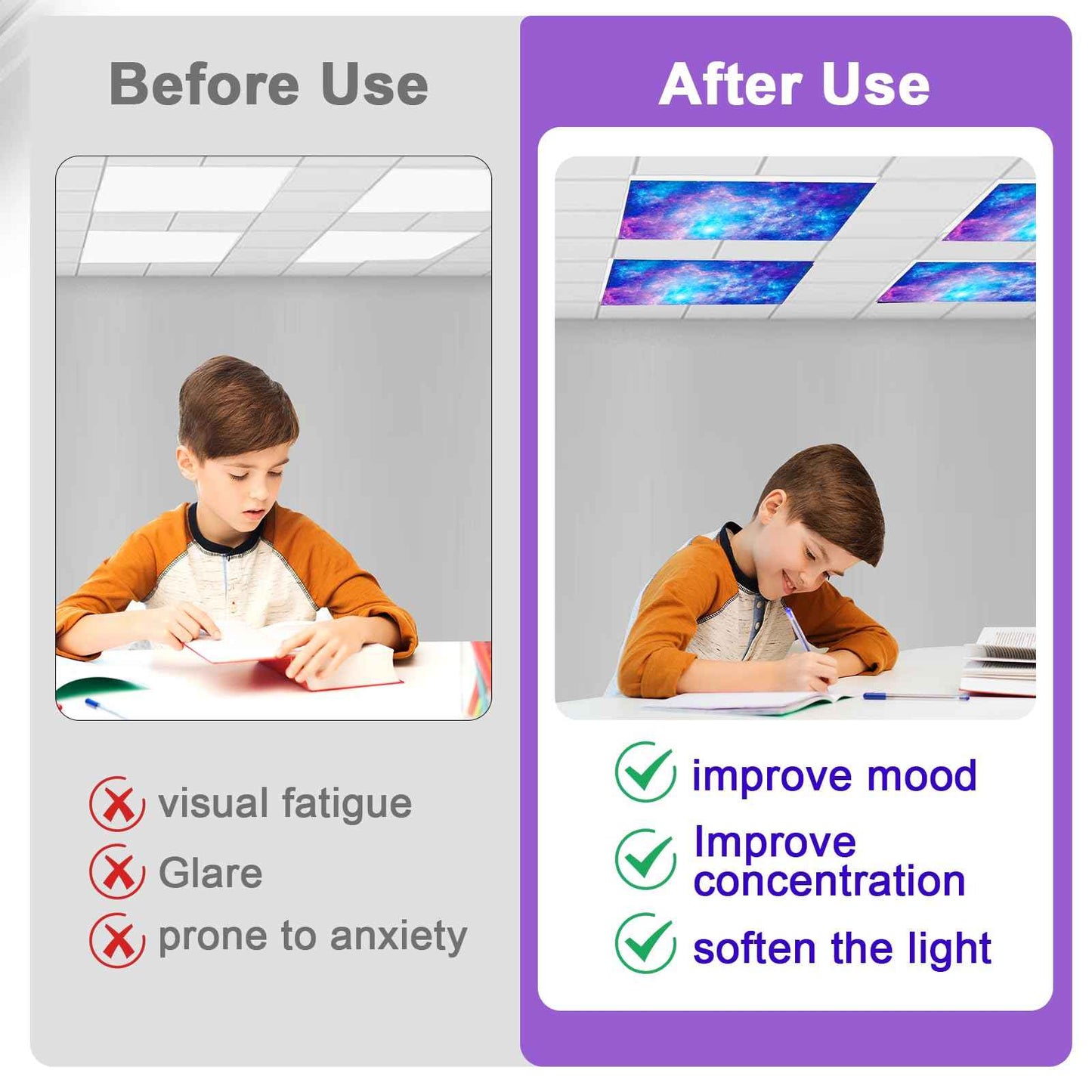 4 Pcs Fluorescent Light Covers for Ceiling Lights Classroom, Stylish Fluorescent Lampshades Classroom Light Covers Magnetic, Modern Ceiling Light Cover for Office, Home, Hospital (Purple Galaxy)