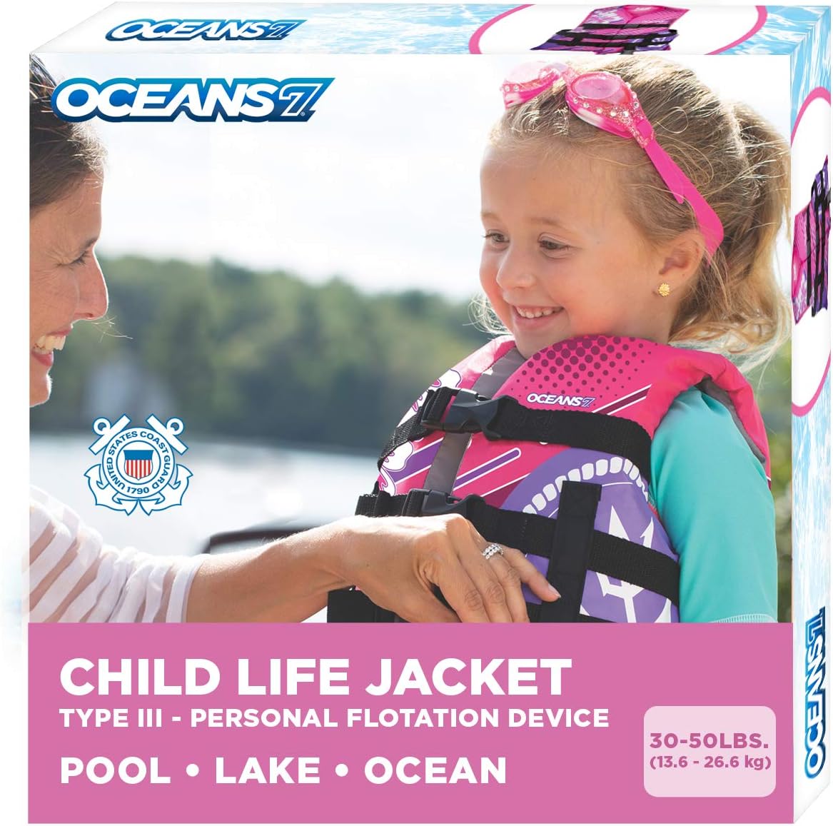 Oceans7 Kids Life Jacket | US Coast Guard-Approved PFD for 30-50 lbs - Flexible Open-Sided Design - Pink/Berry
