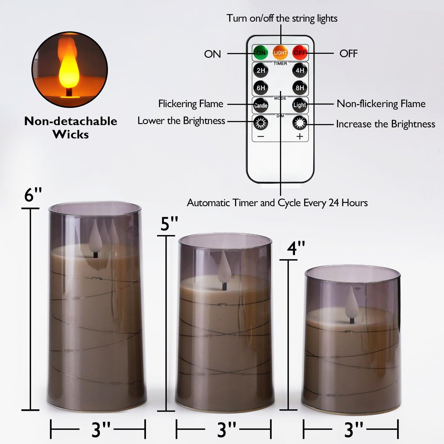 Amagic Grey Flameless Candles with Remote, Flickering Battery Operated Candles with Embedded Fairy Lights, Acrylic LED Candles with Timer for Halloween Home Bohemian Decor, 3D Wick, D3 x H4 5" 6"
