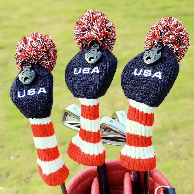 3pcs Pom Pom Golf Headcovers, #1 3 5 Golf Wood Headcovers Set, Knitted Golf Club Head Cover, Long Neck Golf Club Case Protection, Patriotism US Flag Pattern