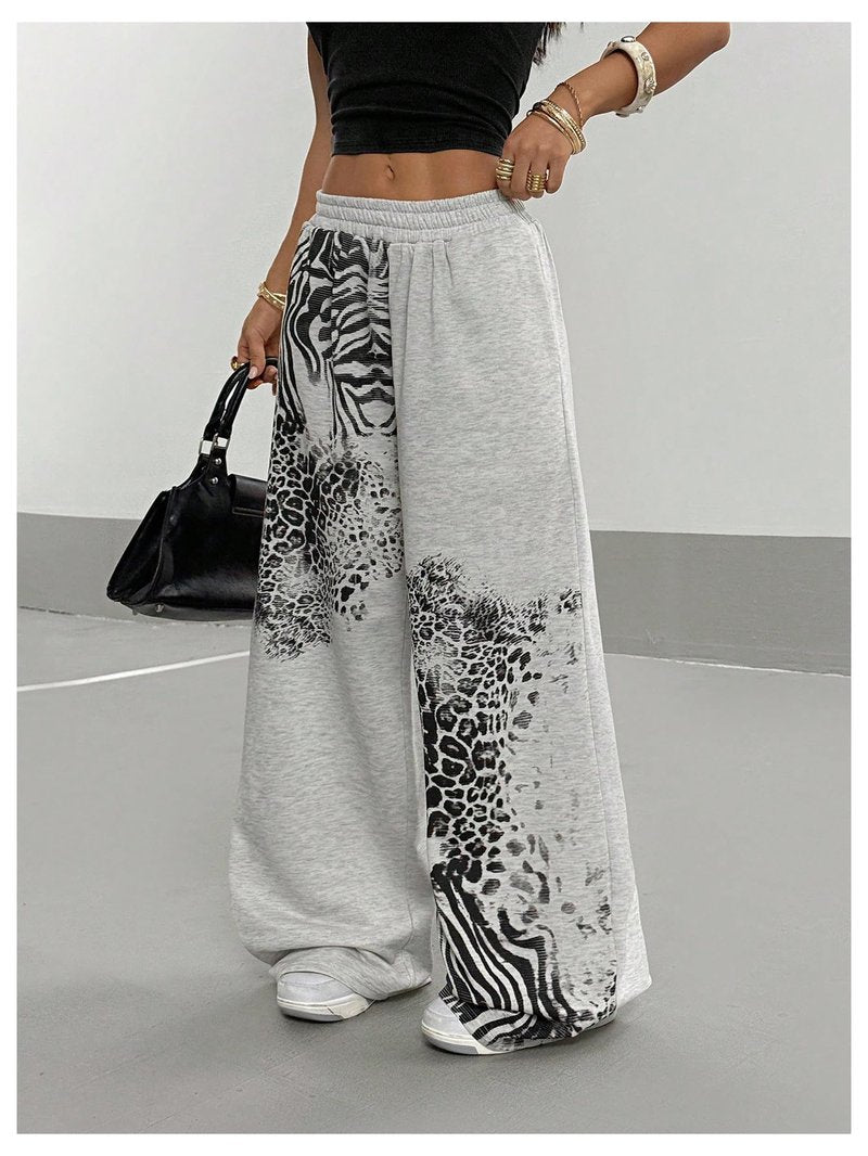 Verdusa Women's Y2k Goth Leopard Print Baggy Sweatpants Elastic Waist Wide Leg Long Pants Light Grey Small
