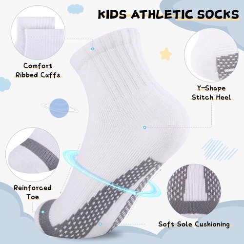 Comfoex 10 Pairs Boys Socks kids Half Cushion Cotton Sport Quarter Running Socks Ankle Athletic Sock for Little Big Kids 6-8 8-10 Years Olds
