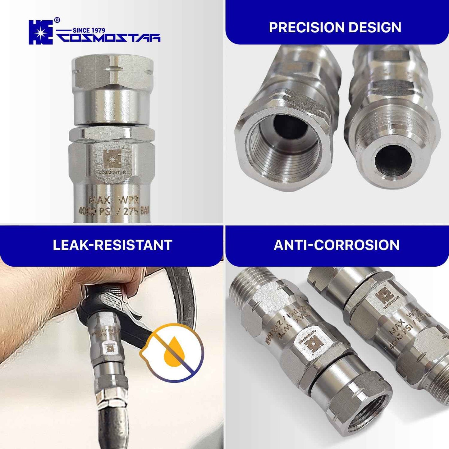 Cosmostar Stainless Steel 3/8" NPT-M 360° Pressure Washer Swivel – Enhanced Leak-Proof High-Flow Design and 4000 PSI – Not for M22 Threads