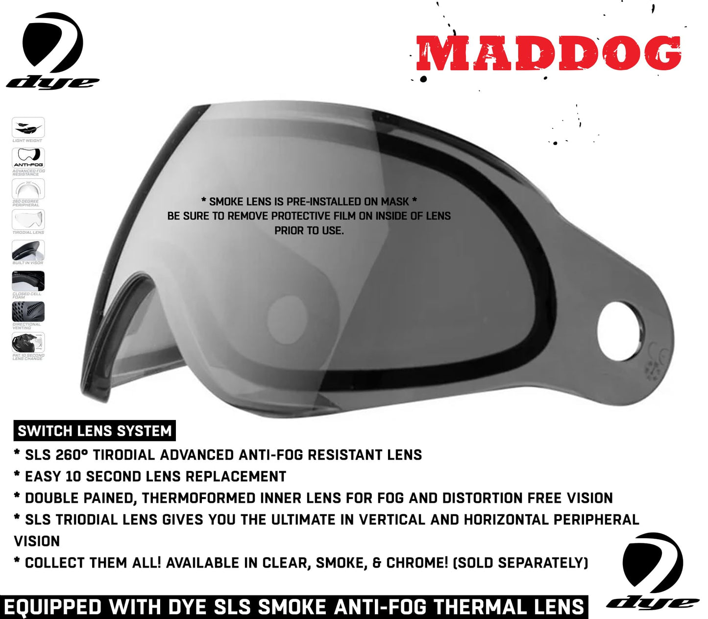 Maddog Dye SE Special Edition Paintball Mask Goggle System | Replaceable SLS Thermal Dual-Pane Anti Fog Lens | Adjustable Full-Face Safety Certified Protection - Black with Smoke Lens