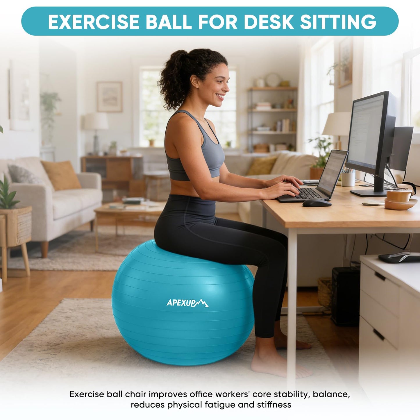 APEXUP Yoga Ball, 660 lbs Anti-Burst Exercise Ball with Pump, 5 Sizes (XXL(31"~34") 85cm, Light Blue)