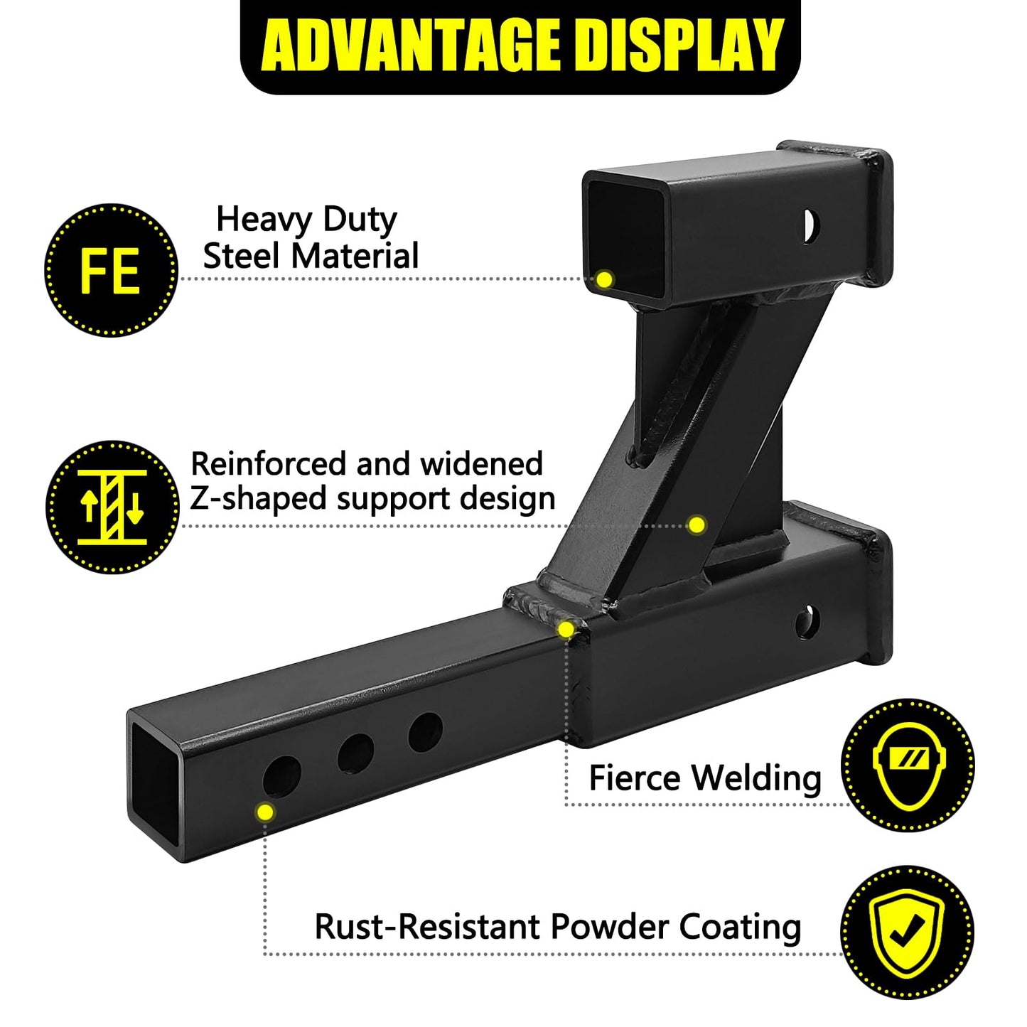 KAIRAY Double Hitch Receiver, 2 inch Trailer Dual Hitch Extension Riser, Hitch Adapter Fits for 2 inch Receiver Extender to 10 inch Max Length, 8 Inch Riser/Drop