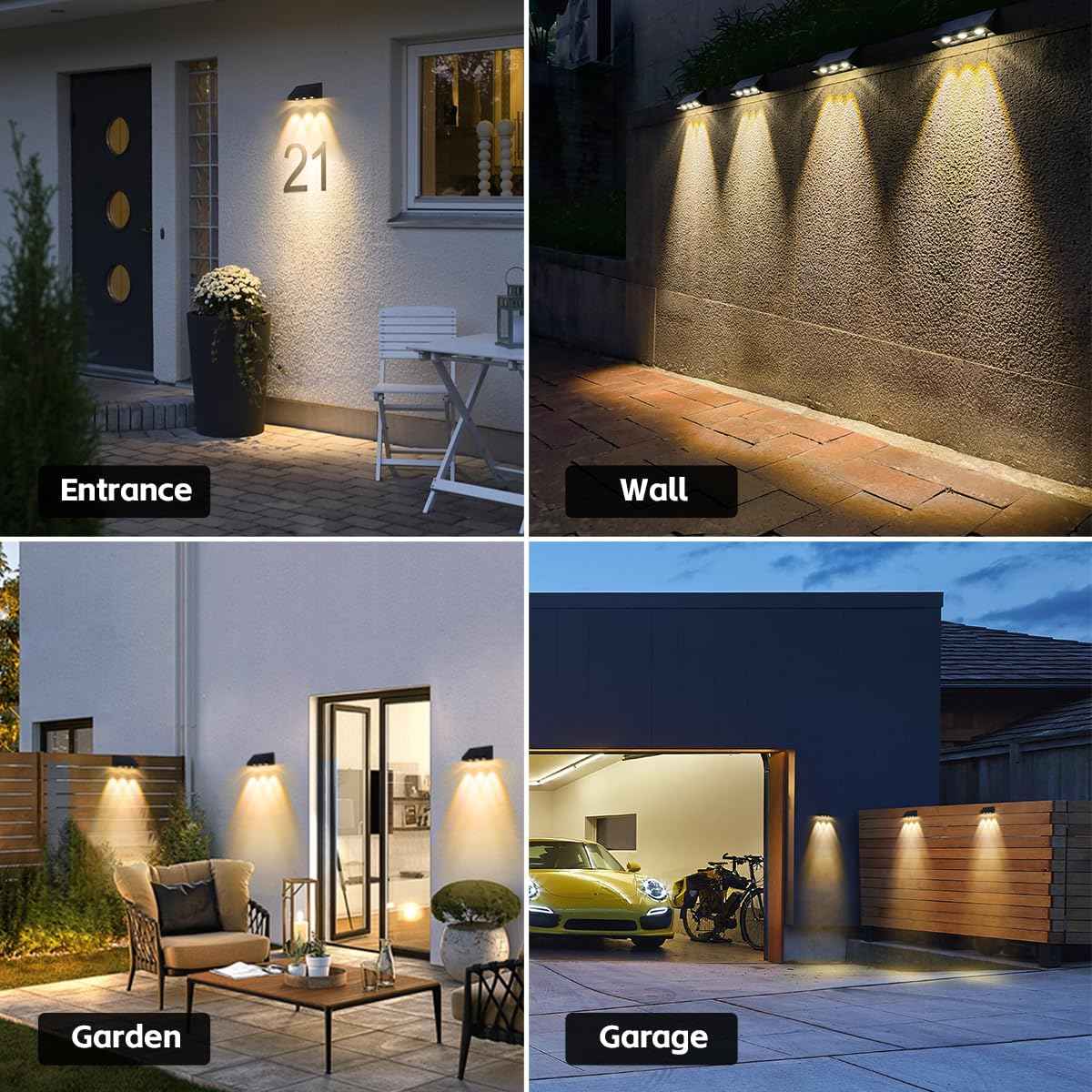 Solar Wall Lights Outdoor, 3 LED Lenses Fence Lights Solar Powered Outdoor Waterproof Warm White, Dusk to Dawn Exterior House Number Lighting for Porch, Patio, Balcony, Deck, Address Sign (2 Pack)
