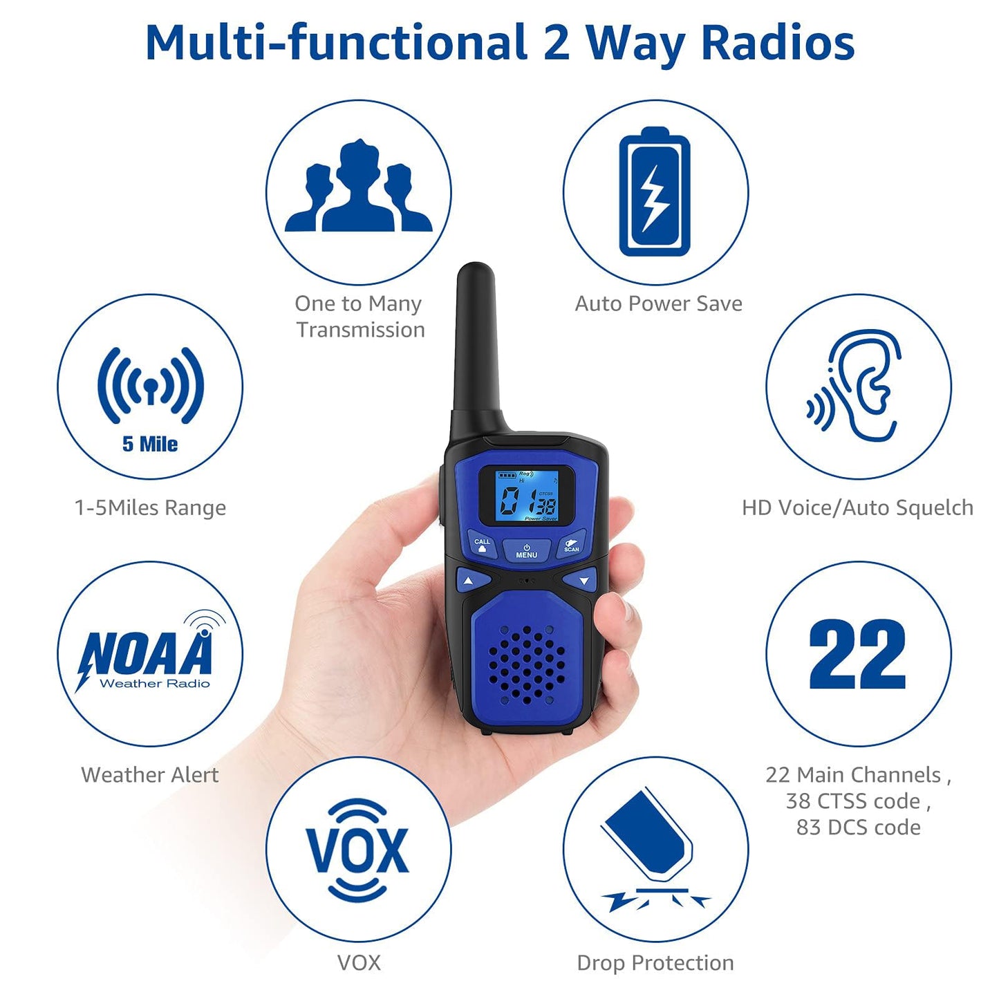 Adult Walkie Talkies 2 Pack, WokTok Rechargeable Long Range Walkie Talkies 2 Way Walkie Talkies, 22 Channels VOX Scanning LCD Display Ideal for Gift Giving, Family Camping and Hiking