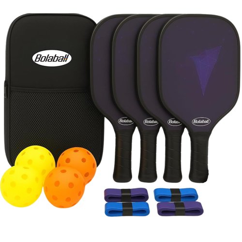 Bolaball Pickleball Paddles Set of 4 | Fiberglass Pickleball Paddle with 4 Pickleball Balls, 4 Grip Tapes, 1 Mesh Ball Bag & 1 Carry Bag | Pickleball Set for Indoor & Outdoor Games, Outdoor Sports