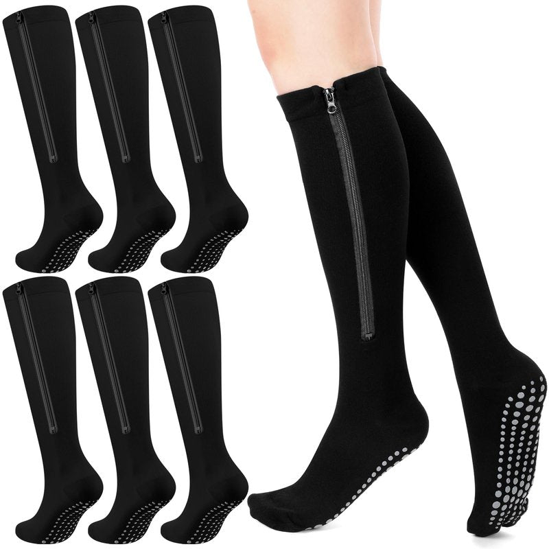 Shyyween 3 Pairs Zipper Compression Socks Non Slip Grip for Men Women 15-20mmhg Knee High Socks for Nurse Pregnant Swelling(L,Black)