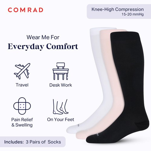 Comrad 3 Pack Nylon Knee High Socks SOLID Black/Rose/White L2 Small