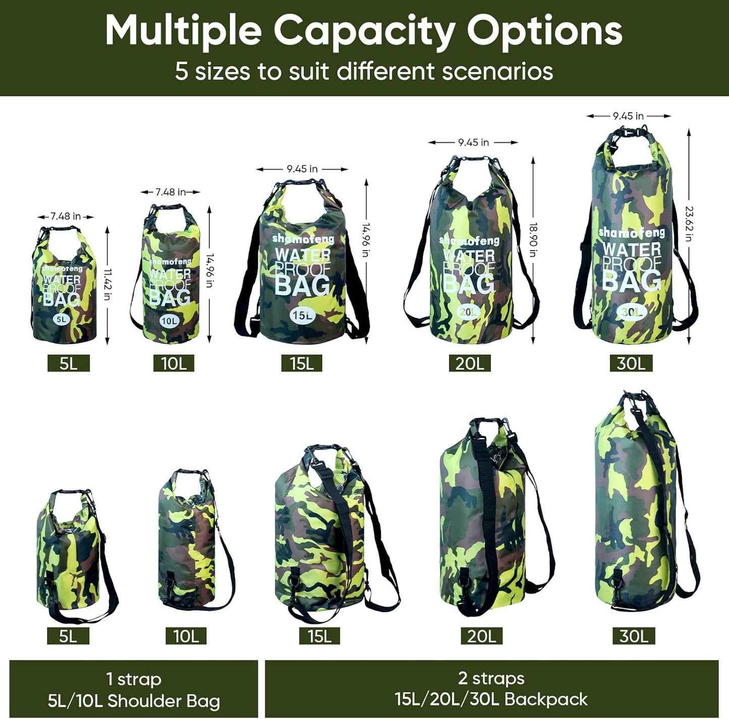 Skiennix Waterproof Dry Bag - Versatile Roll Top Storage Backpack with Phone Case & Collapsible Bottle | Green 5L