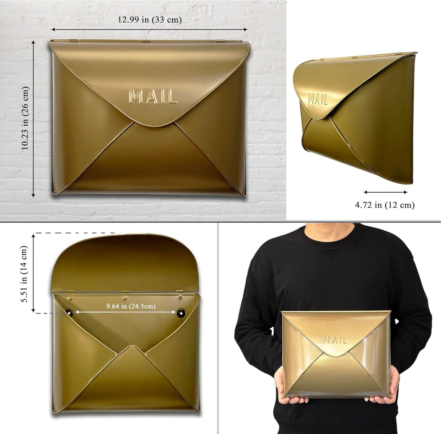 NACH Wall Mount Mailboxes for Outside, 12.5 x 5 x 10 inch Antique Brass Wall Mailboxes for Outside, Waterproof Mailboxes for Outside - Envelope Mailbox