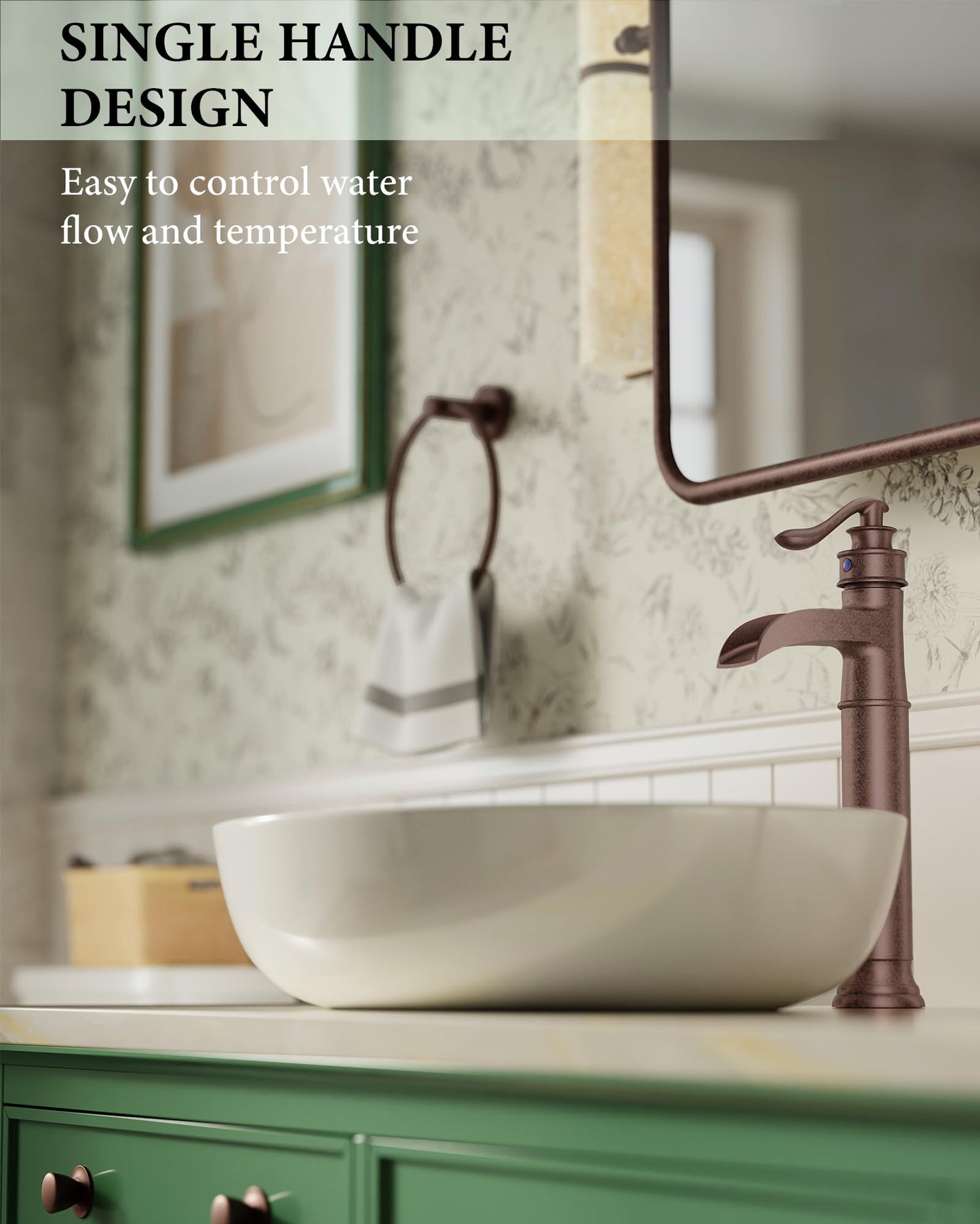 Vessel Sink Faucet Copper Tall Bathroom Faucets Waterfall Single Handle 1 Hole Farmhouse Antique with Pop up Drain Assembly and Supply Lines Mixer Tap Without Overflow Counter Top