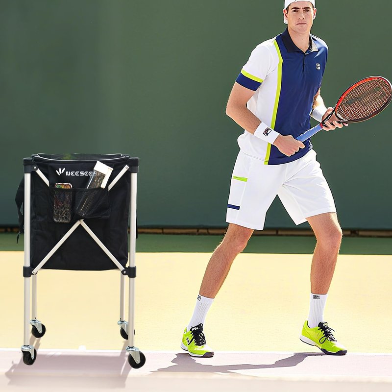 NEESEEYEE Sturdy Pickleball Tennis Ball Hopper - Foldable Lightweight Tennis Cart Holds 240 Tennis/180 Pickleballs with Removable Bag, Wheels, Side Pocket for Training/Teaching