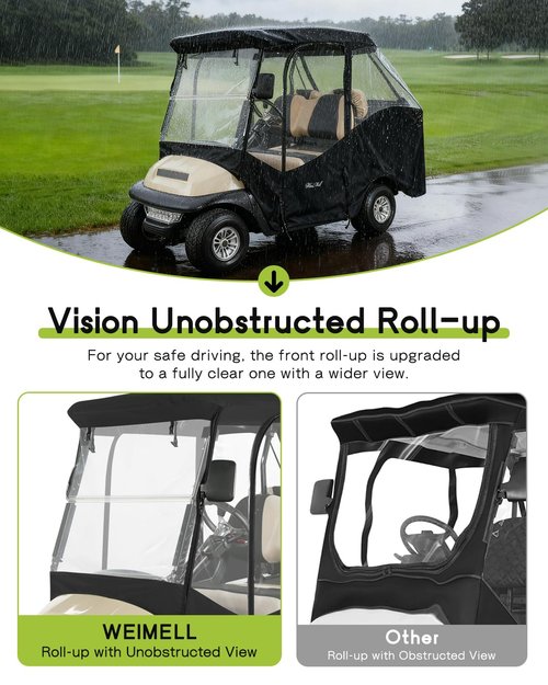 WEIMELL 4 Passenger Golf Cart Enclosure for Club Car Precedent Tempo Short Roof 2+2 57.5" Waterproof Windproof Driving Rain Cover 4-Seater with 4-Sided Clear Windows Roll-up Zipper Door Black