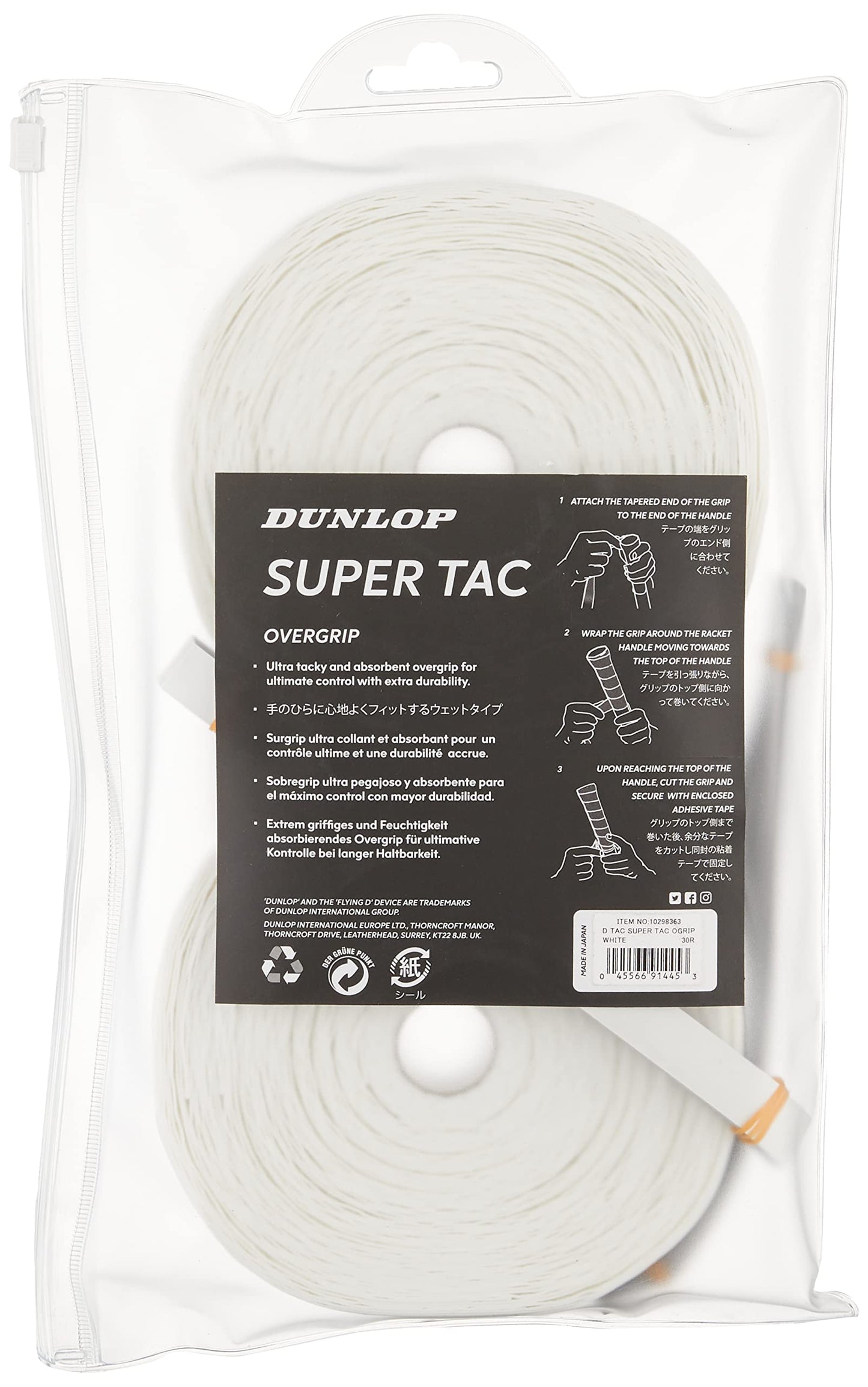 Dunlop Sports 30-Grip Roll Tennis Overgrips, White