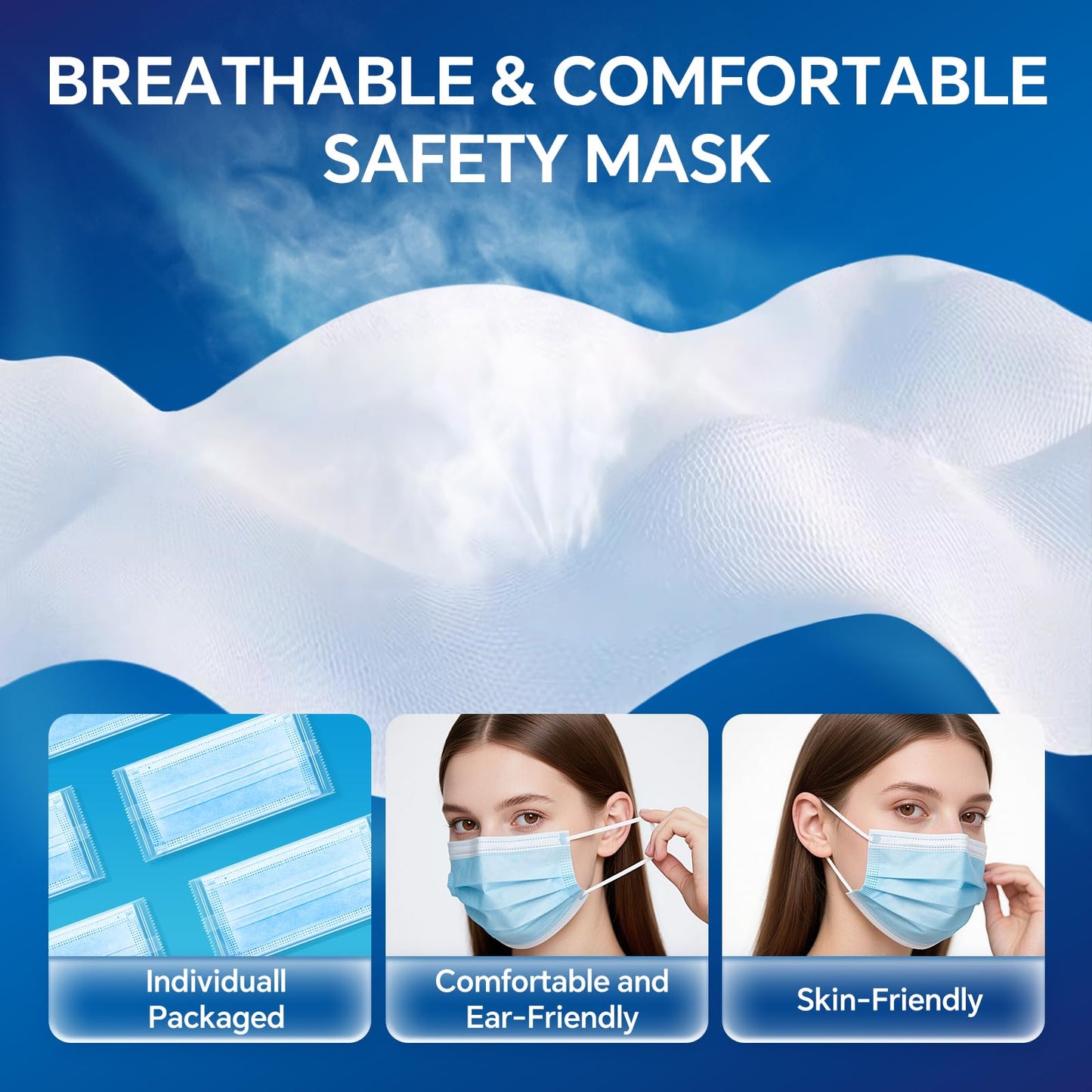 GTT 50PCS ASTM Level 3 Highly Protective 3 Layer Face Mask with Ear Loops - Individual Packaging, Blue