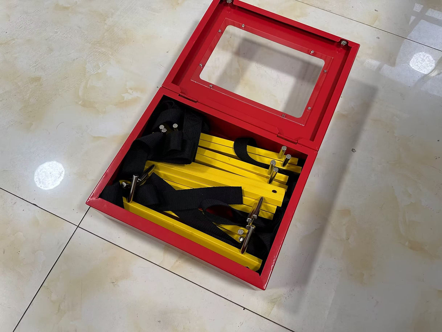 Cabinet for Fire Escape Ladder 2-Story Small | Box for Fire Rescue Stuff | Comes with Hooks for Fire Blanket and Fire Extinguisher - 14 * 11 * 5 inches | External Internal Storage for Emergency Ladder